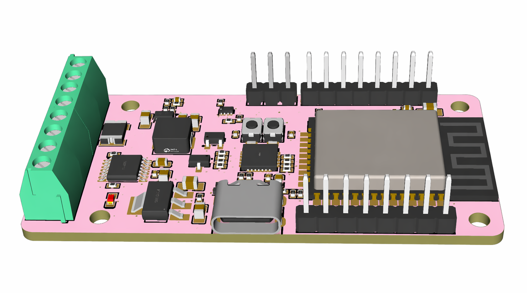 3D render of the PS4/5 to RC Car PCB, angled view