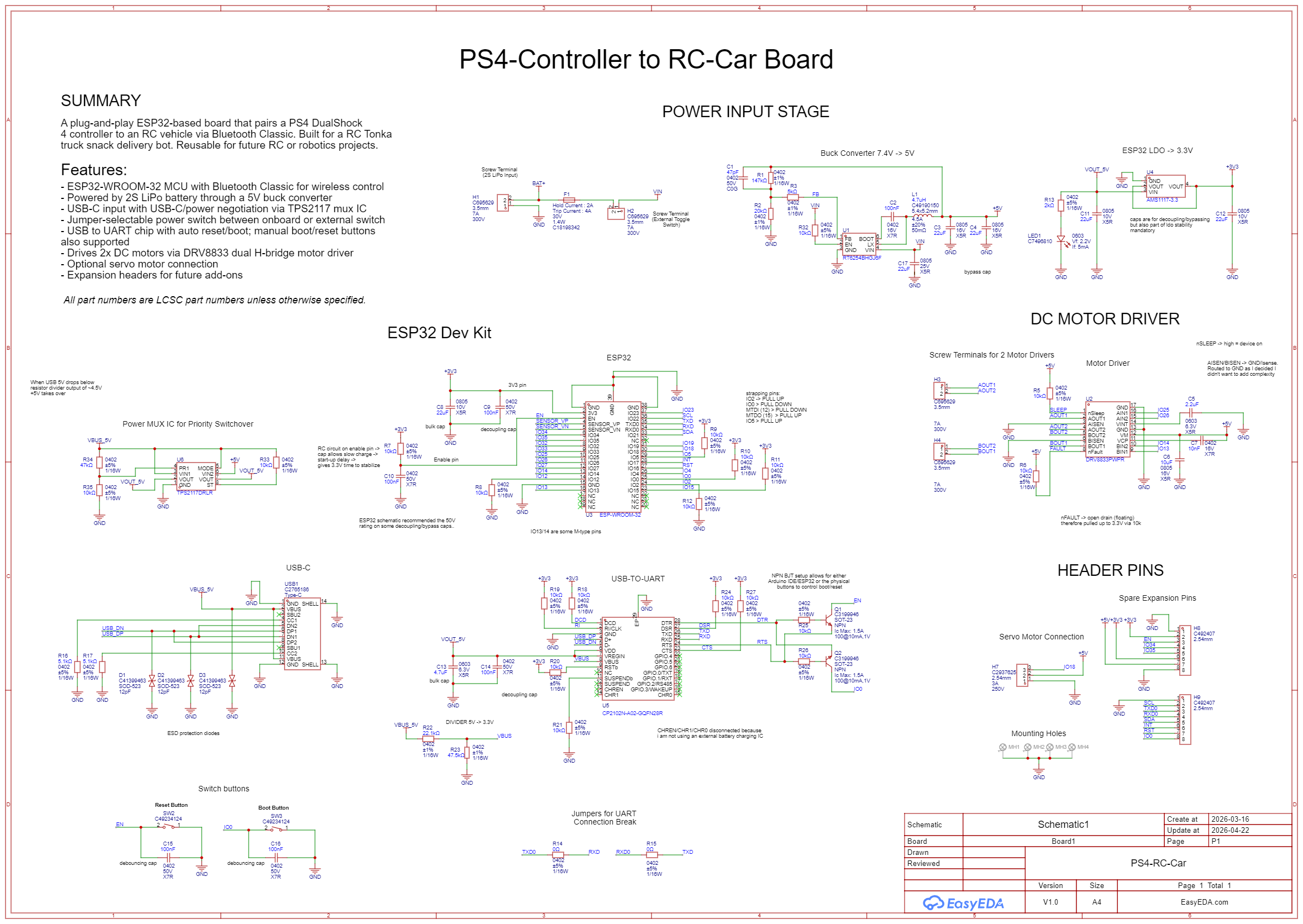Full schematic of the PS4/5 to RC Car interface board